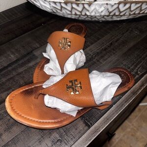 Tory Burch Brown Leather Logo Thong Sandals